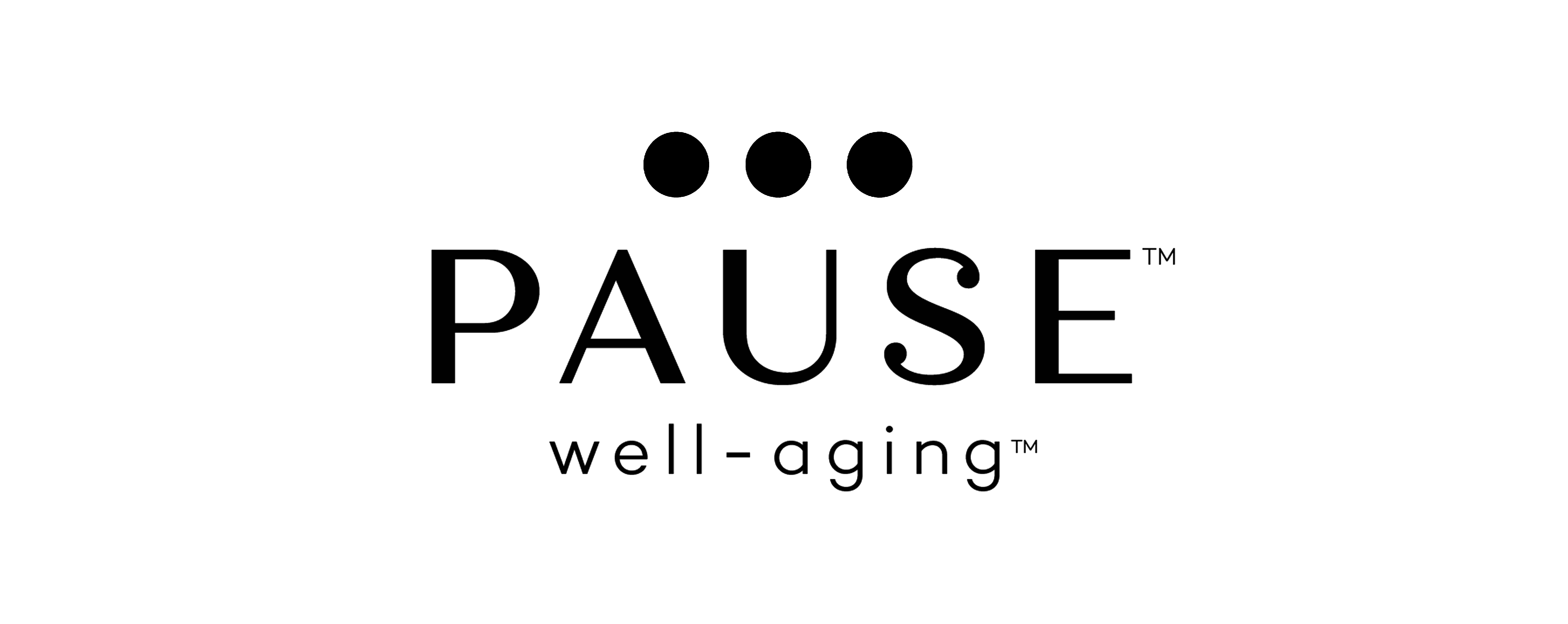 Black pause well-aging logo with three dots above text in a collection titled pause well-aging