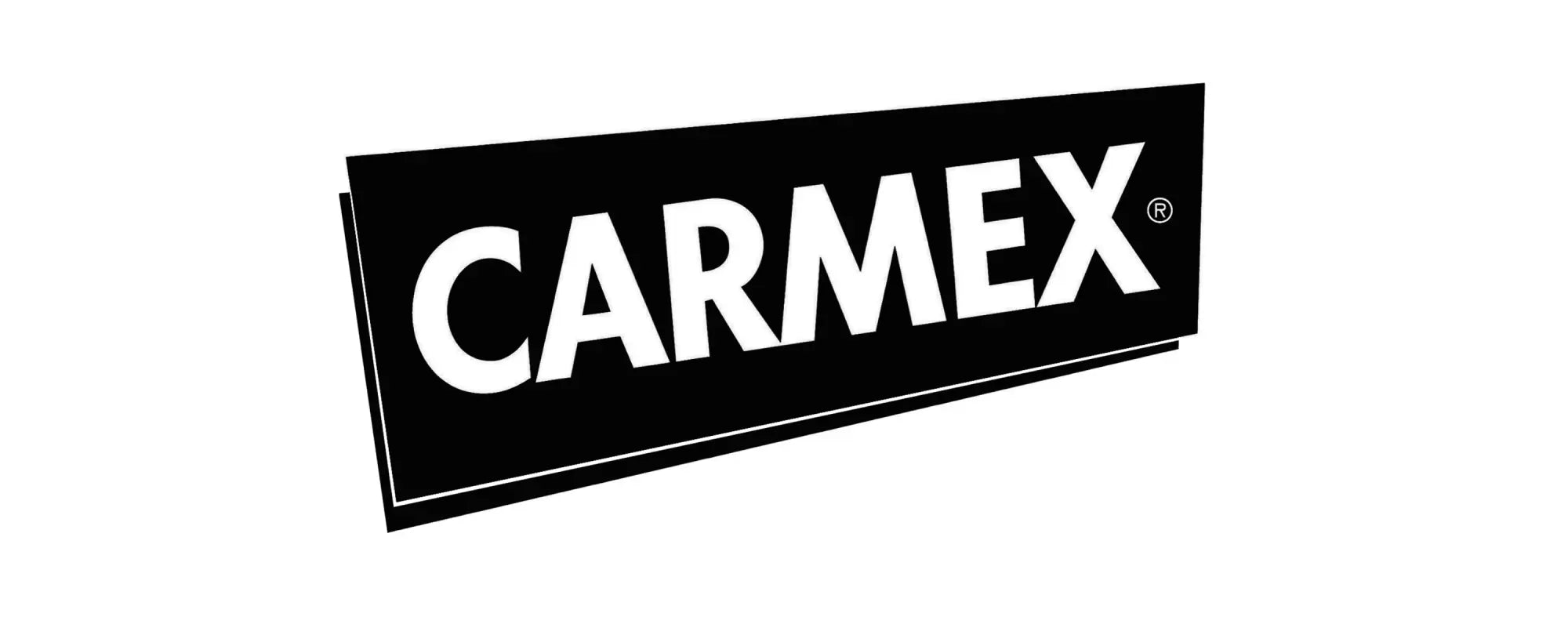 Black rectangular Carmex logo with bold white lettering in a collection titled Carmex