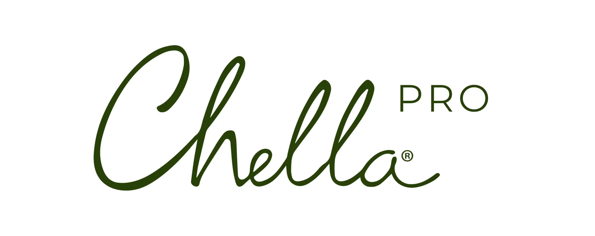Green cursive chella pro logo with registered trademark symbol in a chella collection design
