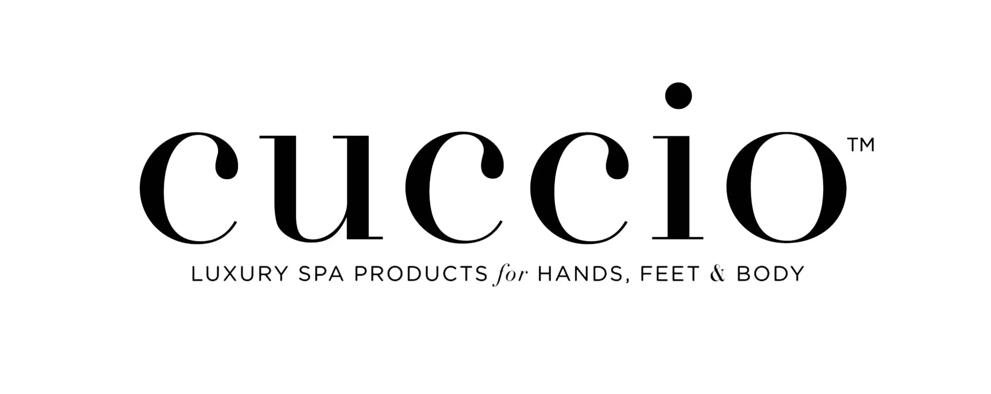 Cuccio luxury spa products logo in black serif font on white background in a collection titled Cuccio