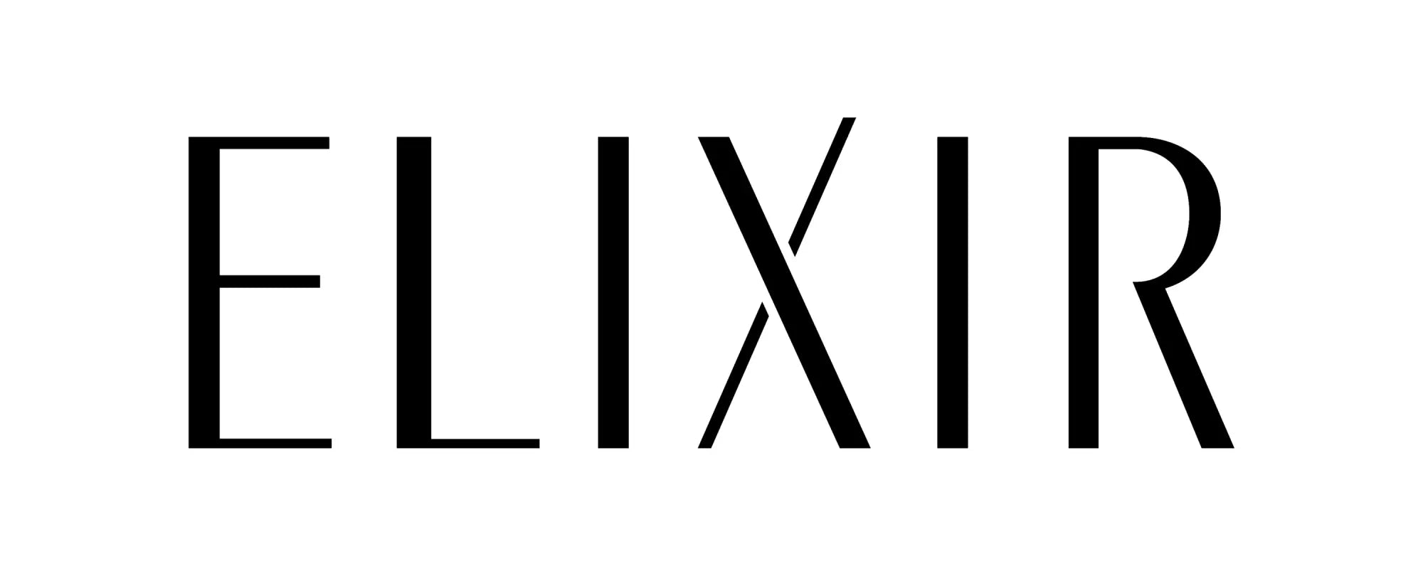 Black elixir logo in bold modern sans serif font featured in a collection titled elixir