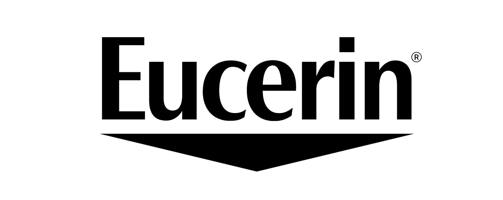 Black eucerin logo with bold sans-serif lettering and solid black chevron beneath in eucerin collection