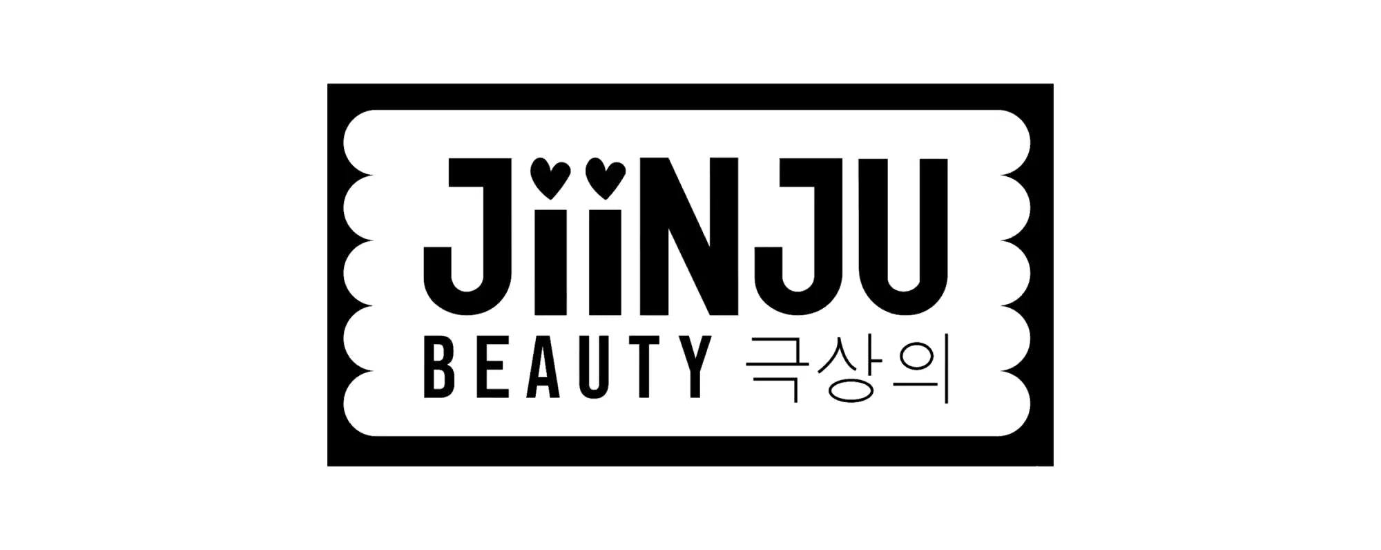 Black and white rectangular logo with scalloped edges featuring the brand name jiinju beauty and korean text