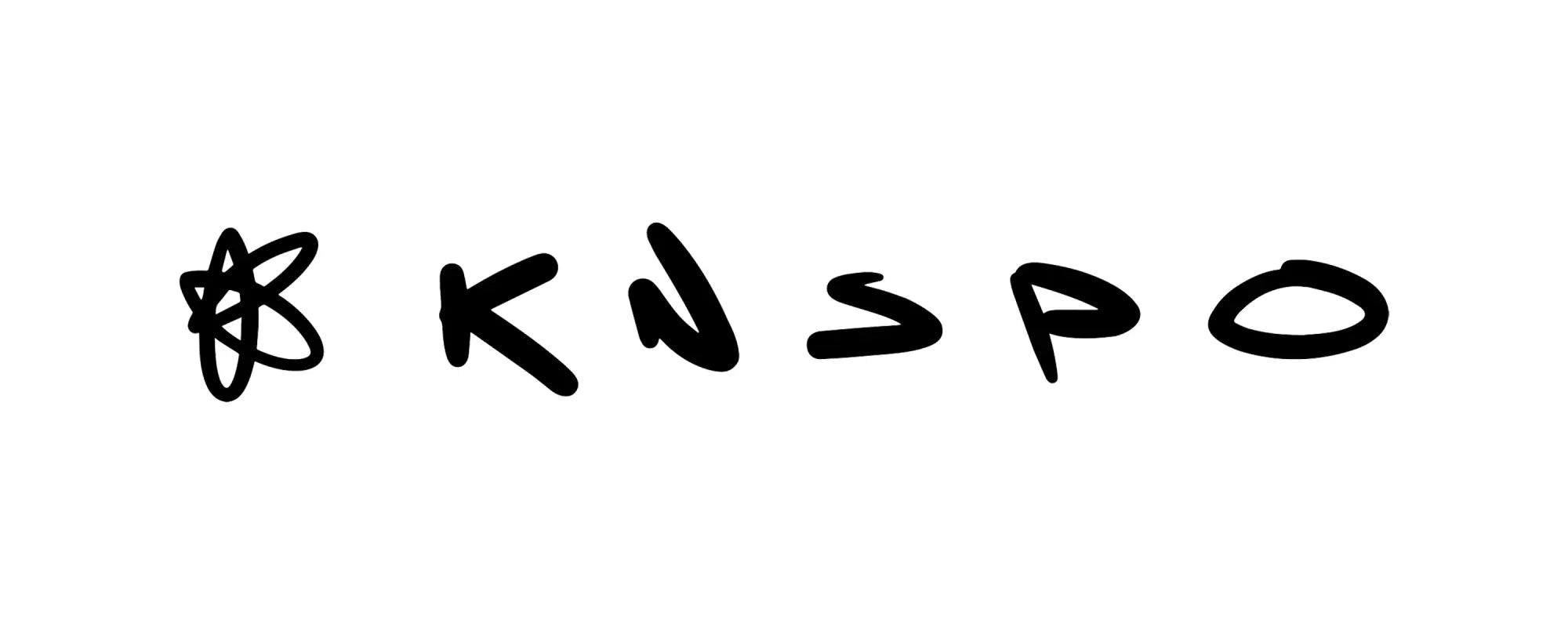 Black handwritten style knspo logo with stylized atom symbol to the left in knspo collection design