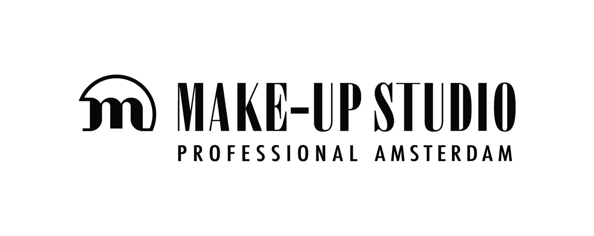Black make-up studio logo with stylized m emblem and text professional amsterdam in make-up studio collection