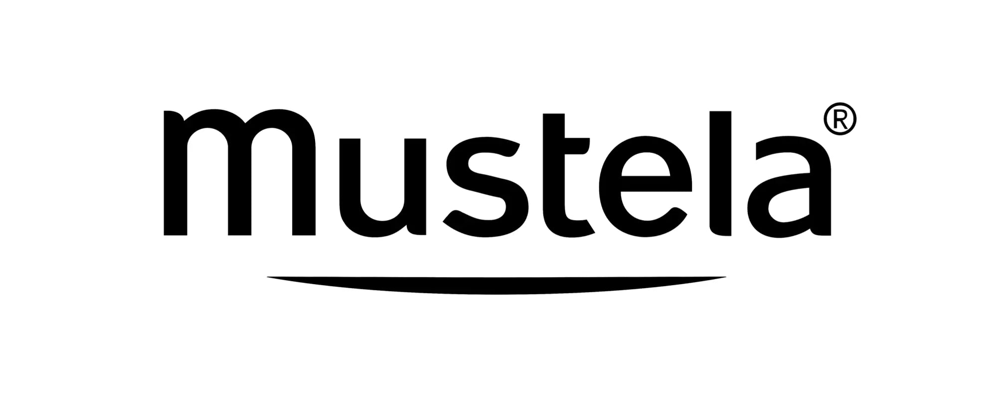 Mustela logo in bold black sans-serif font with registered trademark and thin horizontal line beneath the text