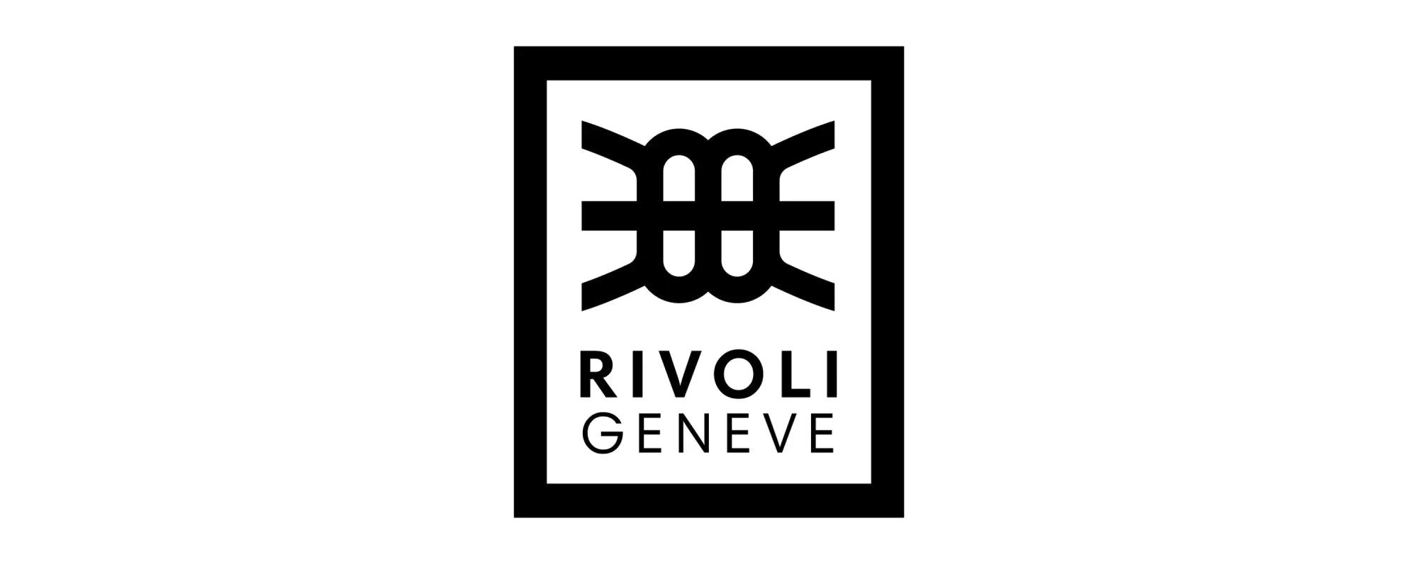 Black and white rivoli geneva logo with a stylized symmetrical emblem inside a rectangular frame from rivoli collection