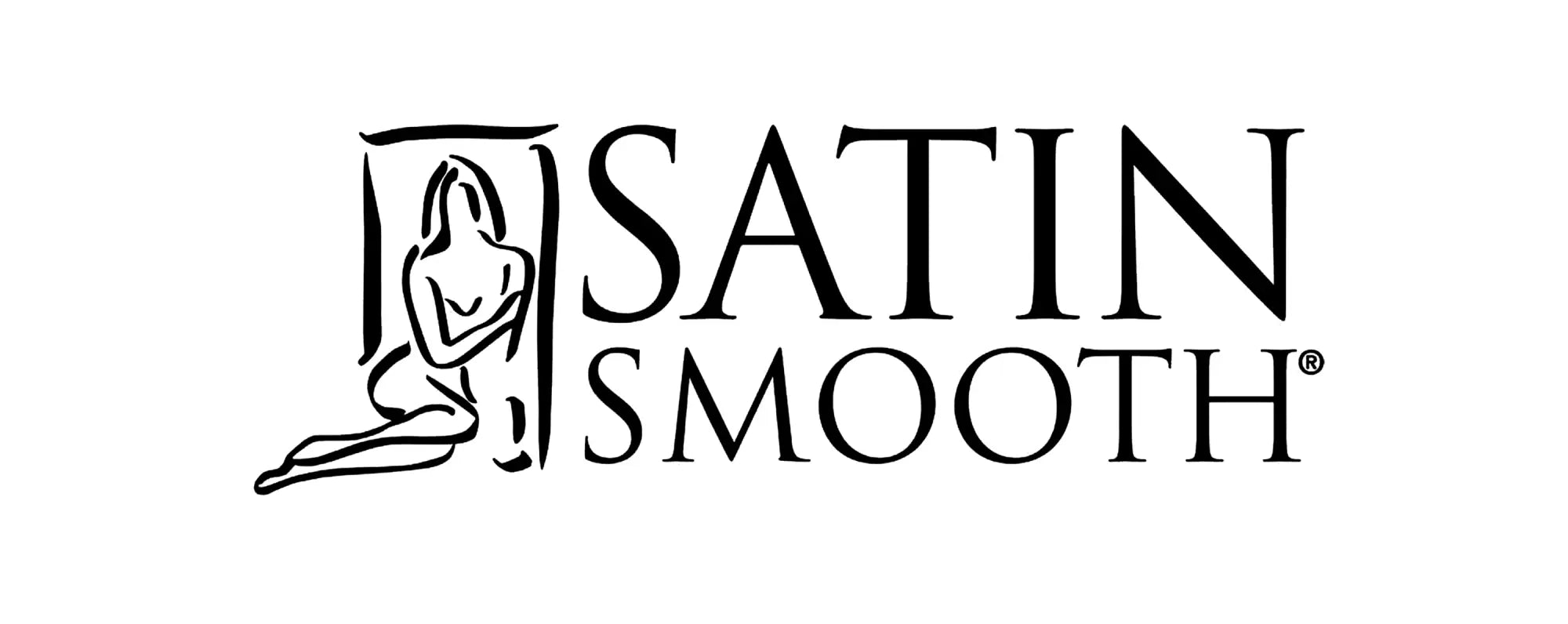 Satin smooth logo with black line-art silhouette of a seated woman beside the brand name in bold uppercase letters