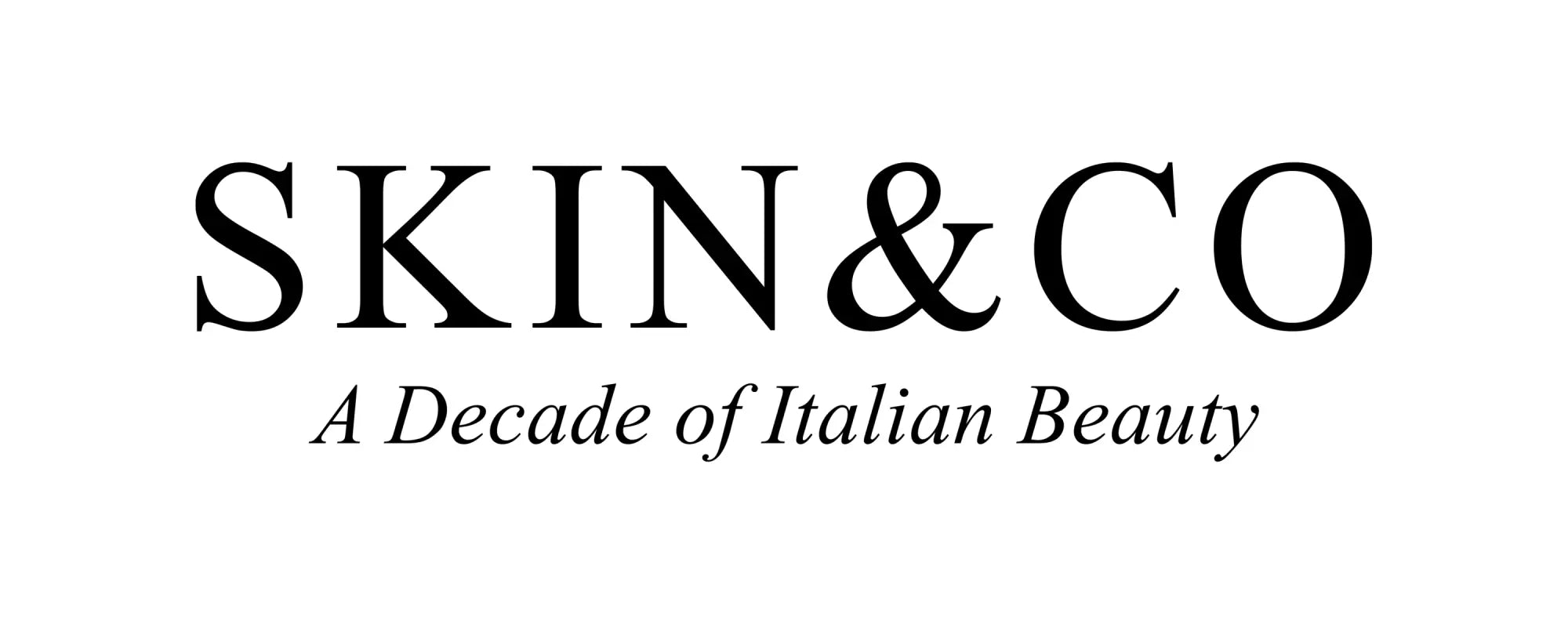 Black serif skin&co logo with tagline a decade of italian beauty in skincare collection titled skin&co