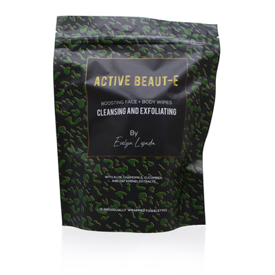 Active Beaut-E cleansing and exfoliating face and body wipes, 15 pieces, designed for refreshing skin and removing impurities.