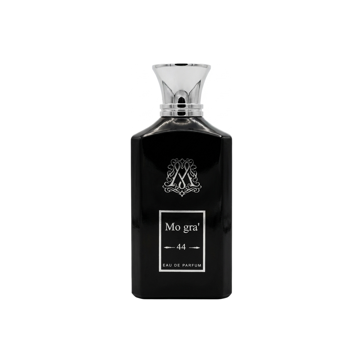 Mo Gra' 44 unisex Eau de Parfum bottle, 3-4 oz (100 ml), elegant design showcasing the Mo Gra' fragrance for all genders.