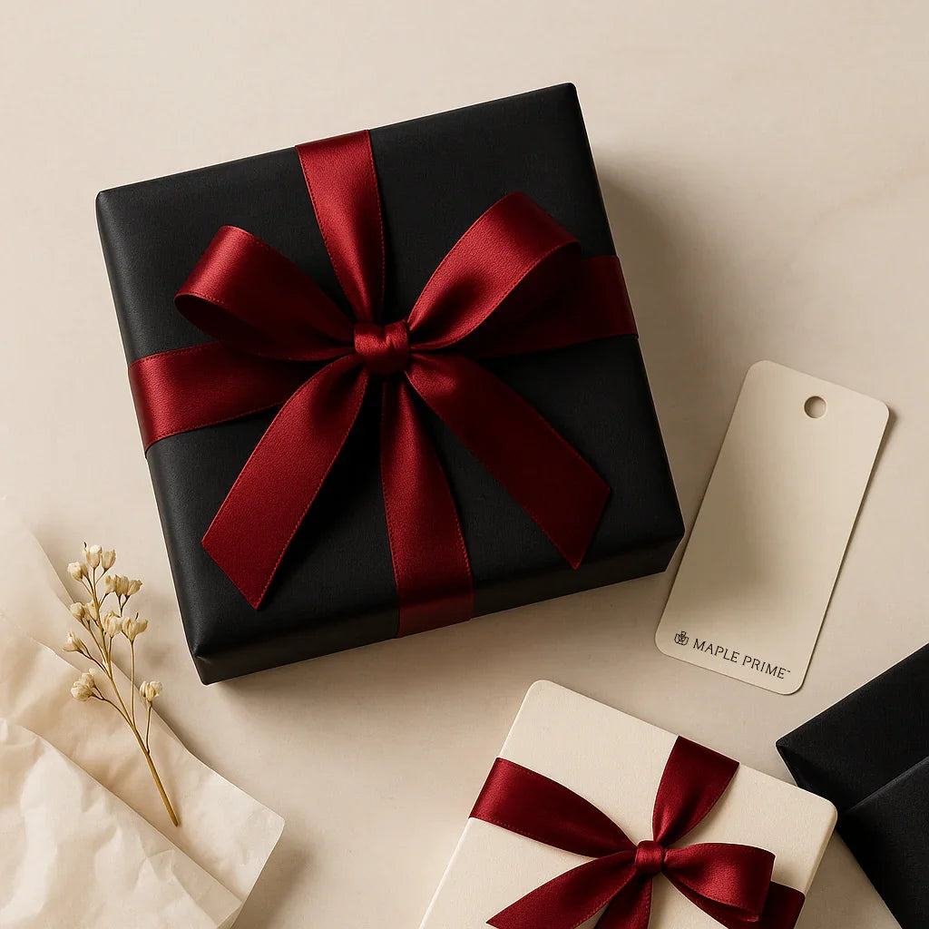 Wrapped: Gift Blocks gift wrap with festive red and white patterns, perfect for wrapping presents in elegant style.